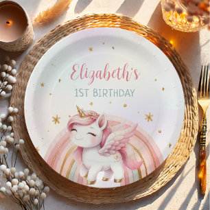Unicorn Rainbow Pink Gold Pastel Birthday Paper Plate