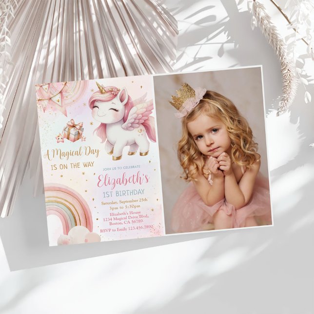 Unicorn Rainbow Pink Gold Pastel Birthday Photo Invitation (Creator Uploaded)