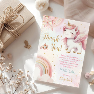 Unicorn Rainbow Pink Gold Pastel Birthday Thank You Card