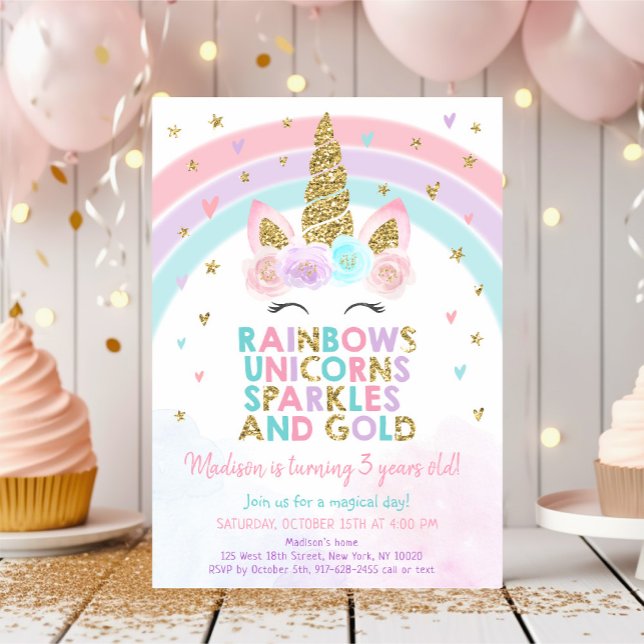 Unicorn Rainbow Pink Gold Sparkles Birthday Invitation (Creator Uploaded)