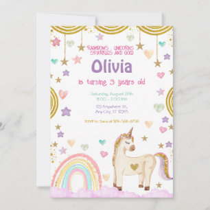 Unicorn Rainbow Pink Gold Sparkles Birthday Invitation