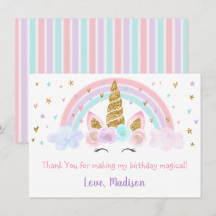 Unicorn Rainbow Pink Gold Thank You Card
