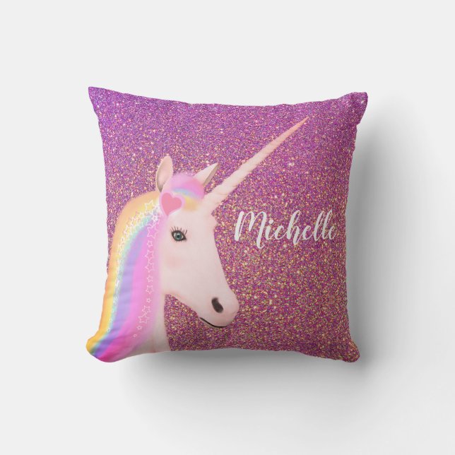 Unicorn Rainbow Pink Ombre Glitter Personalized Cushion (Front)