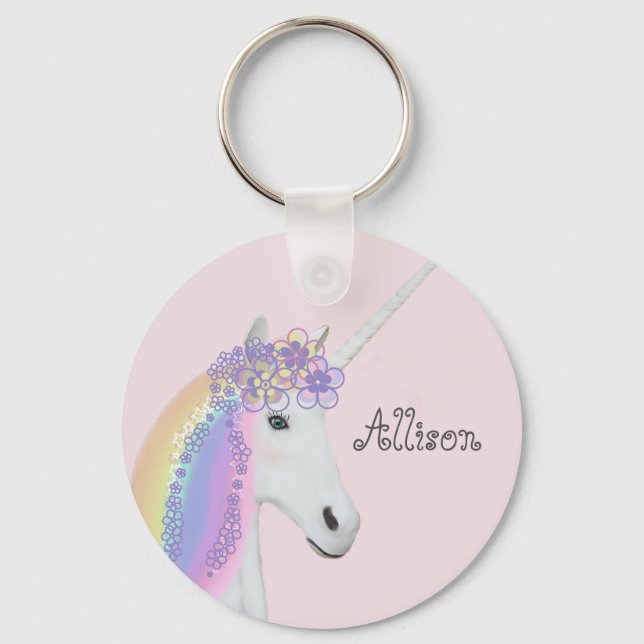 Unicorn Rainbow Pink Personalised Key Ring (Front)
