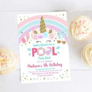 Unicorn Rainbow Pool Party Birthday Invitation