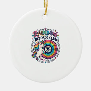 Unicorn Rainbow Records Club White Background Cute Ceramic Ornament