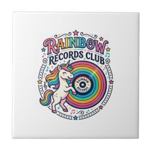 Unicorn Rainbow Records Club White Background Cute Ceramic Tile