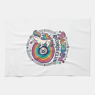 Unicorn Rainbow Records Club White Background Cute Tea Towel