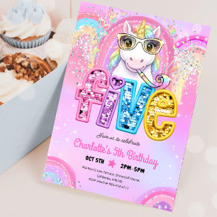 Unicorn Rainbow Sequin 5th Birthday Invitation