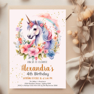 Unicorn Rainbow Sparkles Gold Birthday  Invitation