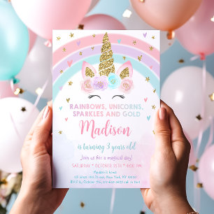 Unicorn Rainbow Sparkles Gold Birthday Invitation