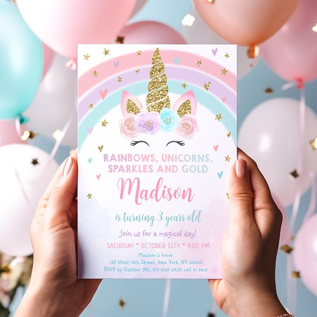Unicorn Rainbow Sparkles Gold Birthday Invitation (Creator Uploaded)