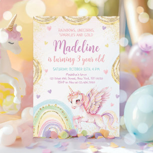 Unicorn Rainbow Sparkles Gold Birthday Invitation