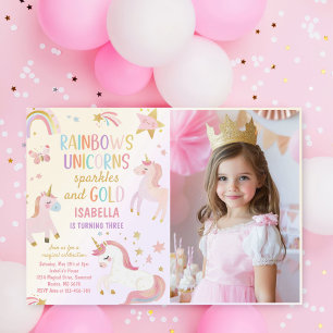 Unicorn Rainbow Sparkles Gold Birthday Photo Invitation