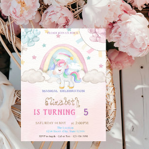 Unicorn Rainbow Stars Hearts Balloons Birthday Invitation