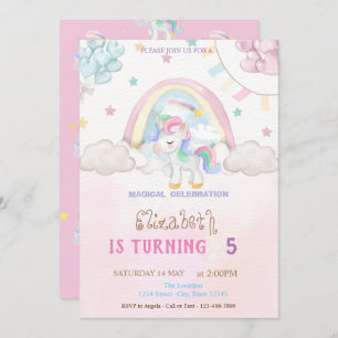 Unicorn Rainbow Stars Hearts Balloons Birthday Invitation