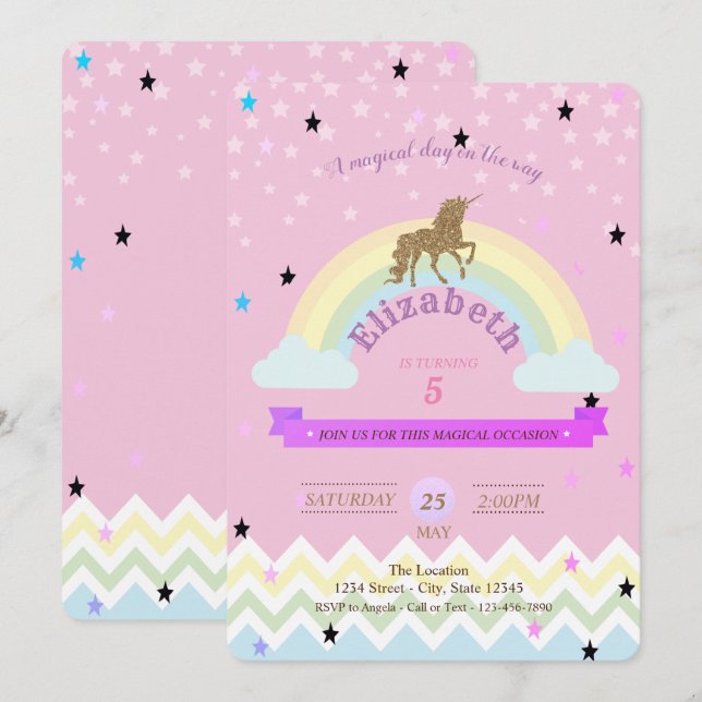 Unicorn,Rainbow Stars,Zigzag Birthday Invitation (Front/Back)