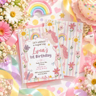 Unicorn Rainbow Stripes Girls 1st Birthday Invitation