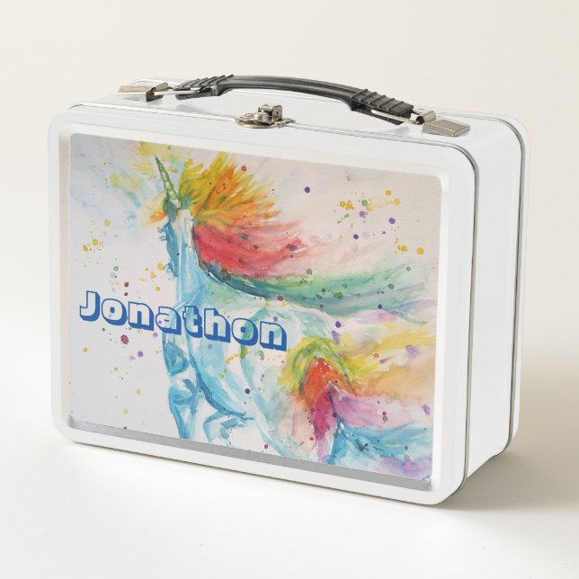 Unicorn Rainbow Watercolour Chids Name Lunch Box (Front)