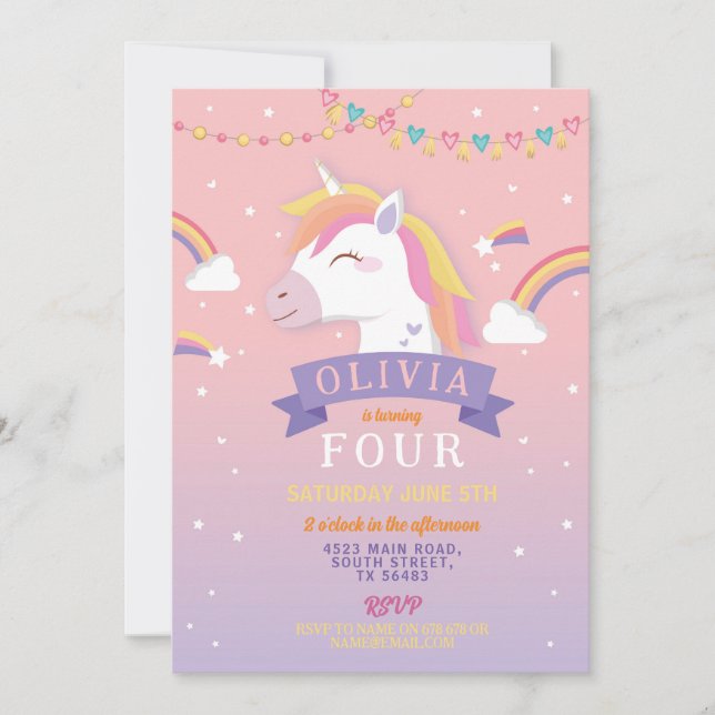 Unicorn Rainbows Birthday Party Pink Stars Invitation (Front)