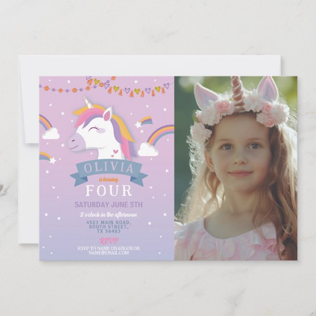 Unicorn Rainbows Birthday Party Purple Stars Photo Invitation (Front)