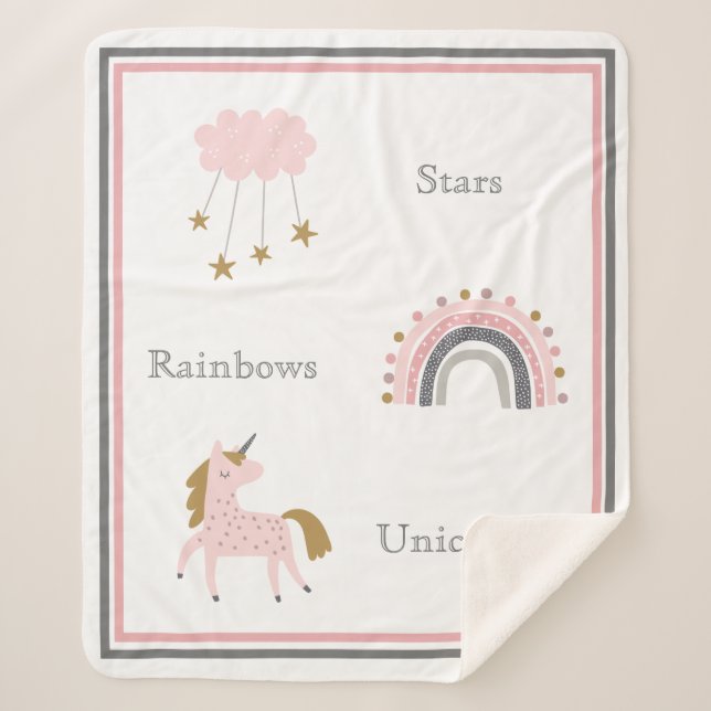 Unicorn Rainbows Pink Boho Pattern Sherpa Blanket (Front)