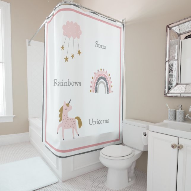 Unicorn Rainbows Pink Boho Pattern Shower Curtain (In Situ)