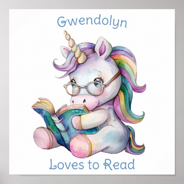 Unicorn Reading a Book Cute for Nursery Blue Text Poster (Front)