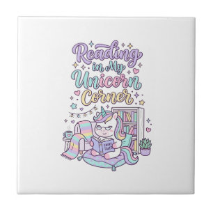 Unicorn Reading in My Unicorn Corner Cute Pastel T Ceramic Tile