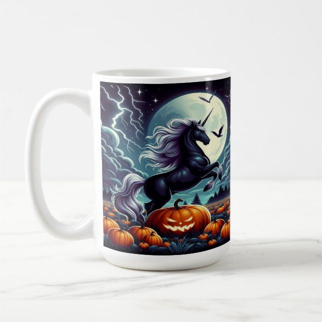 Unicorn Rearing Spooky Halloween Pumpkin Coffee Mug (Left)