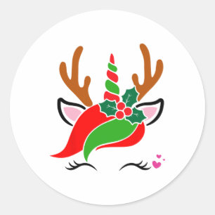 Unicorn Reindeer Face Cute Christmas Funny Classic Round Sticker