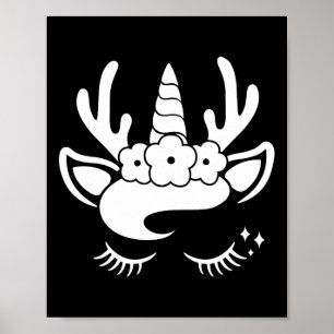 Unicorn Reindeer Face With Flowers Wreath Cute Chr Poster