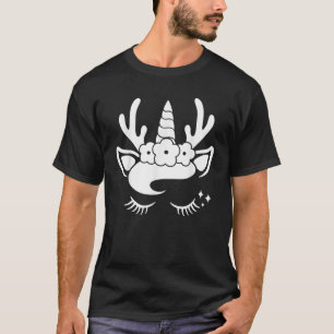 Unicorn Reindeer Face with Flowers Wreath Cute Chr T-Shirt