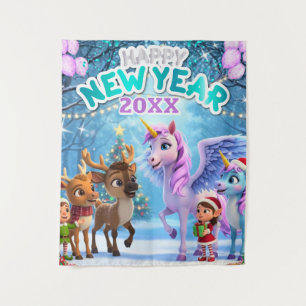 Unicorn & Reindeer Kids New Year Party Backdrop Tapestry