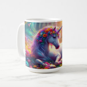 Unicorn Resting in a Vibrant Enchanted Forest Coffee Mug