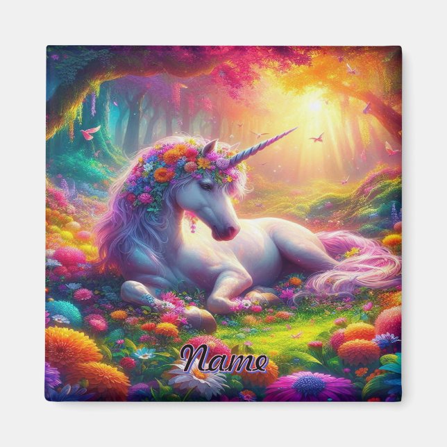 Unicorn Resting in a Vibrant Enchanted Forest Magnet (Front)