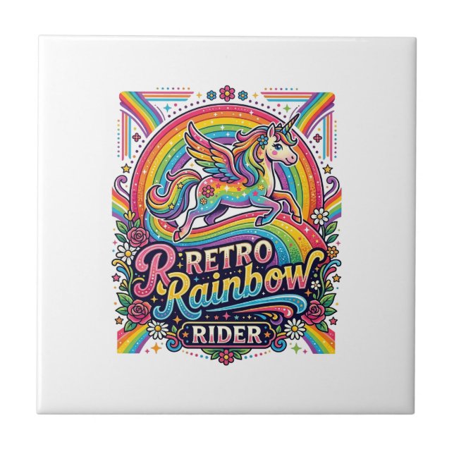 Unicorn Retro Rainbow Rider Ceramic Tile (Front)