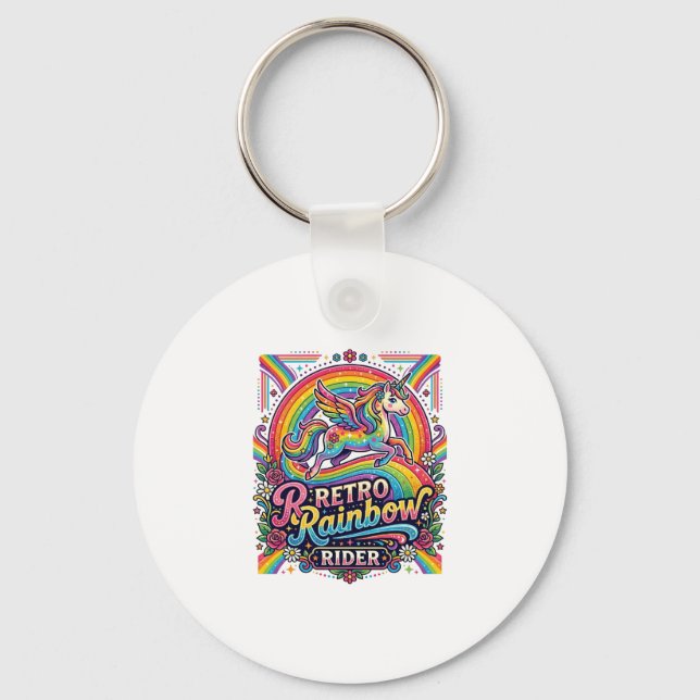 Unicorn Retro Rainbow Rider Key Ring (Front)