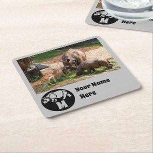 Unicorn Rhino Silhouette Monogram Name Tag Photo Square Paper Coaster