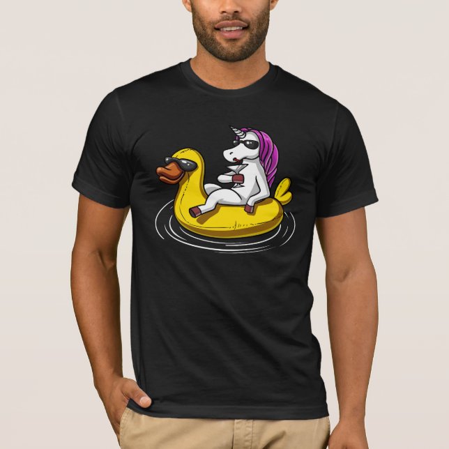 Unicorn Riding Bath Duck Float Funny Pool Party T-Shirt (Front)