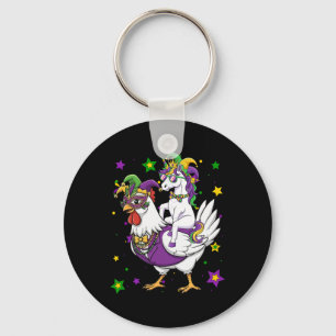 Unicorn Riding Chicken Mardi Gras Beads Masked Jes Key Ring