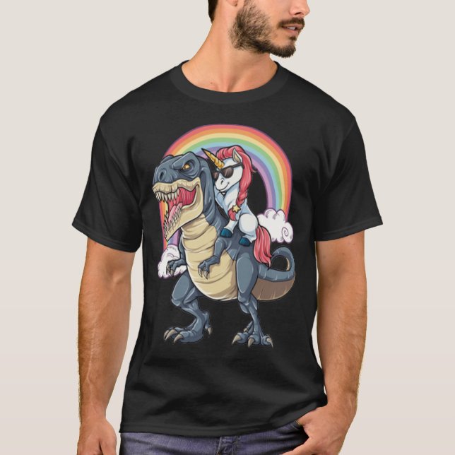 Unicorn Riding Dinosaur love father  T-Shirt (Front)