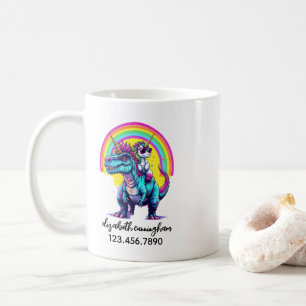 Unicorn Riding Dinosaur Rainbow Name school Coffee Mug