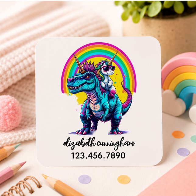 Unicorn Riding Dinosaur Rainbow Name school Square Sticker (Unicorn Riding Dinosaur Rainbow Name school Square Sticker)