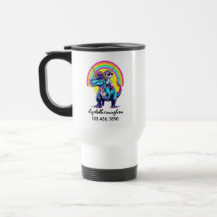 Unicorn Riding Dinosaur Rainbow Name school Travel Mug