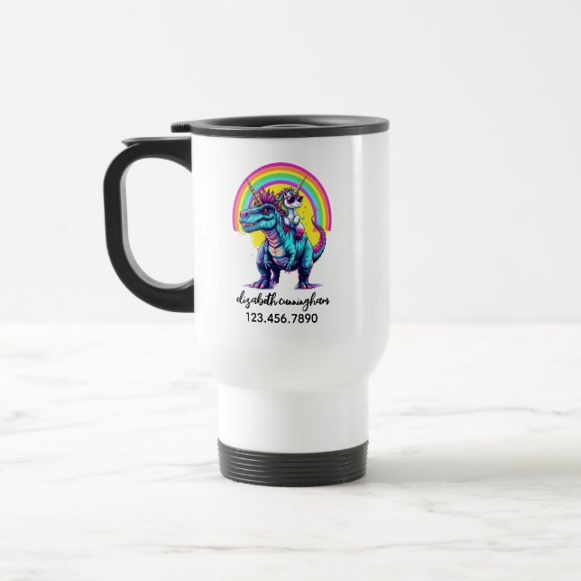 Unicorn Riding Dinosaur Rainbow Name school Travel Mug (Left)