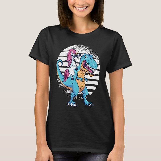 Unicorn Riding Dinosaur Rex Retro Sunset Boys Girl T-Shirt (Front)