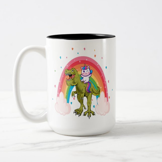 Unicorn Riding Dinosaur Two-Tone Coffee Mug (Left)