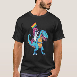 Unicorn Riding Dinosaur With Pride Flag Rainbow  L T-Shirt