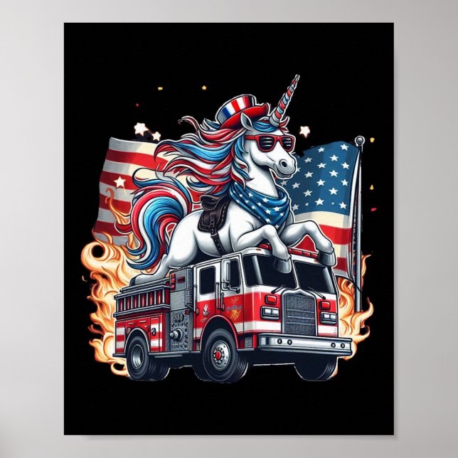 Unicorn Riding Fire Truck 4th Of July Boys Girls W Poster (Front)